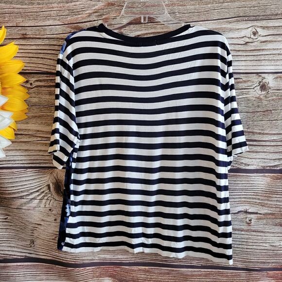 Gap mid Sleeve top Women's medium blue floral/ black & white striped preo-owned - Picture 2 of 6